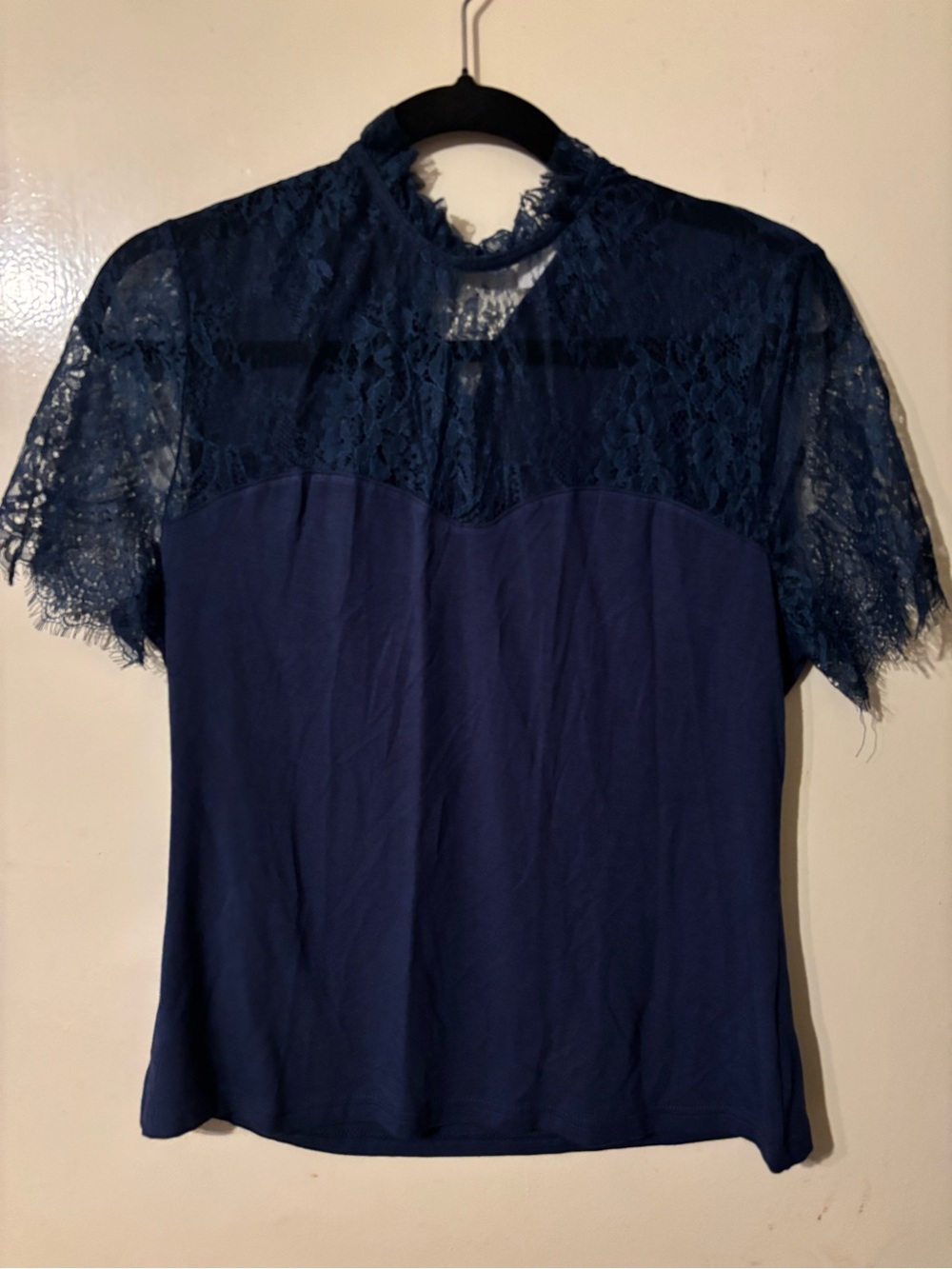 Navy Lace Yoke Short Sleeve Blouse
